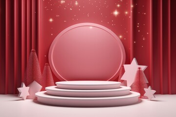 Merry Christmas banner with stage product display cylindrical shape and festive decoration for christmas, Minimal scene for mockup products, promotion display, 3D rendering product display platform.