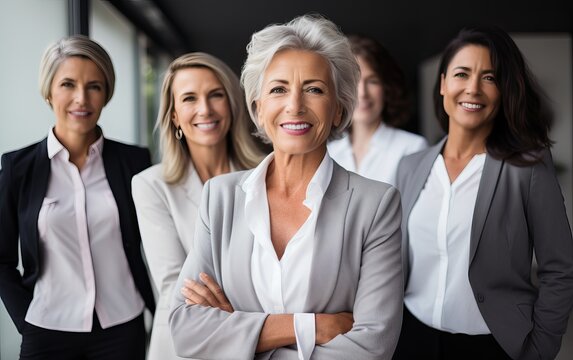 Head shot portrait smiling multiethnic employees group with mature businesswoman executive team leader looking at camera, happy diverse colleagues posing for photo in office, unity and cooperation