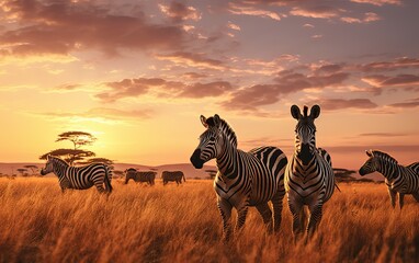 Fototapeta na wymiar African zebras at sunset in the National Park.