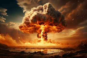 Explosive blast with mushroom cloud. Devastating power and atomic destruction. Generative AI - obrazy, fototapety, plakaty