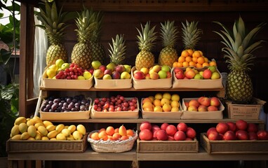 Fototapeta na wymiar Apples, lemons, oranges, pomegranates, pineapples, peaches and strawberry. Various fruits in a street market