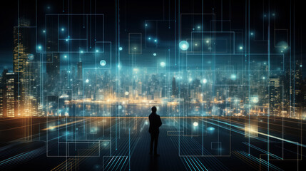 Silhouetted person amidst a dazzling city of digital networks.