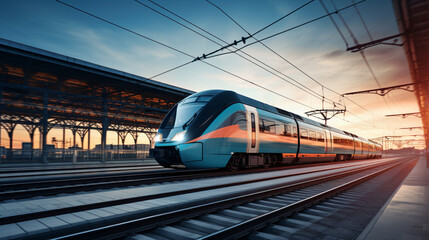 Fototapeta premium A passenger train in motion creates a mesmerizing scene against the backdrop of a sunset on the railway..