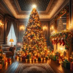 Fototapeta na wymiar Christmas Tree Extravaganza with Elegant Room Décor and Warm Lighting