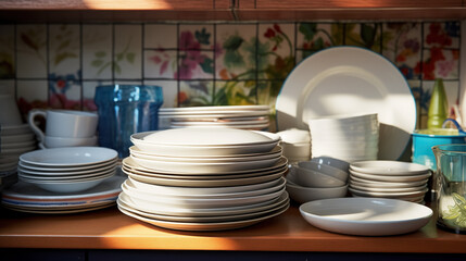 Neatly stacked dishes in a sunlit, colorful kitchen setting.