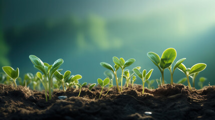 Young green seedlings growing in fertile soil.