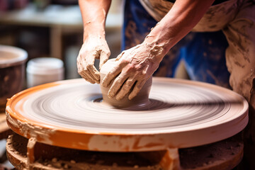 Crafting pottery on a lone wheel, transforming clay into art on a white backdrop.