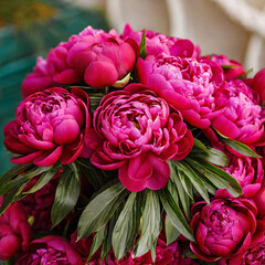 Beautiful big bouquet of bright magenta peonies close-up