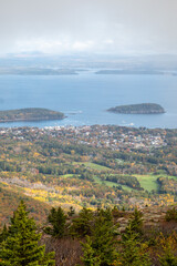 Aerial view of Bar Harbor Maine in Acadia National Park
