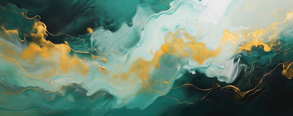 Abstract background in the style of smooth liquid formations and waves, oil painting: turquoise, gold and black colors and waves - obrazy, fototapety, plakaty