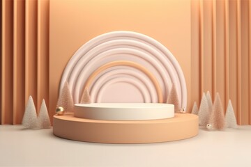 Obraz premium Merry Christmas banner with stage product display cylindrical shape and festive decoration for christmas, Minimal scene for mockup products, promotion display, 3D rendering product display platform.