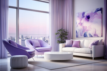 Stylish living room interior in purple colors. Living room with large windows, abstract canvas, sofa and table on the rug.