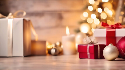 Christmas and New Year background with decoration. Cozy winter holiday composition.