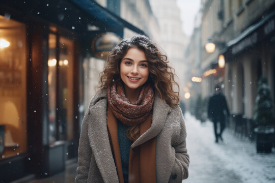 Portrait of beautiful young happy woman in winter clothes at street Christmas market in Paris. Real people