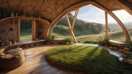 eco house in an abstract style with a grass roof - obrazy, fototapety, plakaty