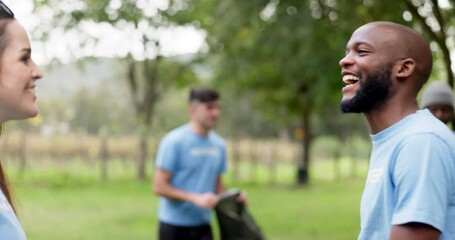 Happy black man, volunteer and high five for community service, teamwork or NGO in nature. Diversity, people or group touching hands in team success or support for mission and cleaning park together - Powered by Adobe