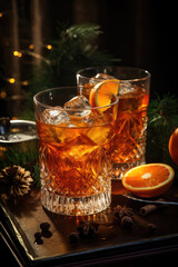 A whiskey based cocktail such as Negroni or Old fashioned served on a table. - 673398715