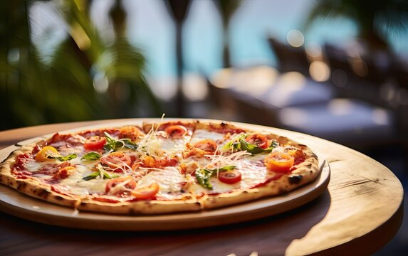 Oven baked pizza with buffalo mozzarella, parmigiano-reggiano cheese, basil and anchovies on a plate. Tropical destination background with ocean view and palms. Close up, copy space, natural light.