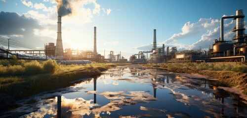 a river is running through an industrial site