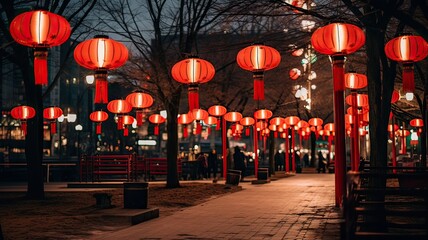 Streets decorated with Chinese lanterns during the New Year 2024 celebration.
