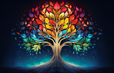 Colorful sacred spiritual Tree of Life fantasy background. Cycle of life mythological magic symbol. - obrazy, fototapety, plakaty