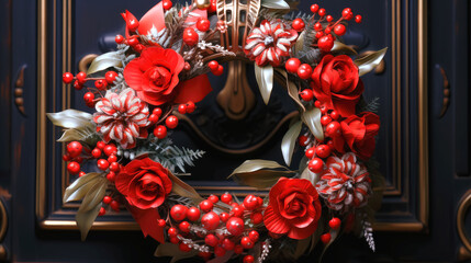 Obraz premium Christmas wreath hung on a door. Generative AI