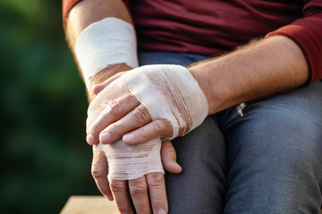 Man with bandaged arm and cast on his hand. - obrazy, fototapety, plakaty