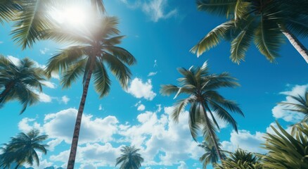 Fototapeta na wymiar a view of trees from below to a blue sky palm trees