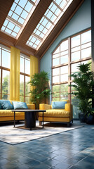 Living room interior. Modern interior design, in a spacious room with windows plants, sofa and table.