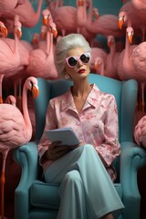 Fashion photography of beautiful old woman with grey hair and pink sunglasses wearing light pink suit reading a pastel blue book and surrounded by bright pink flamingos.