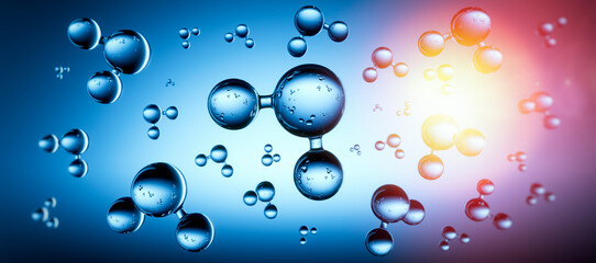 Models of water molecules floating against blue background - H2 scientific element - 3D illustration