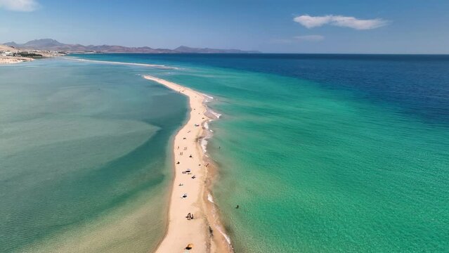 Aerial view of golden sand and crystal sea water on the Canary Island Fuerteventura, Spain. Beach Playa de Sotavento