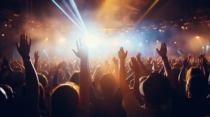Silhouette selective focus hands of people dancing in the nightclub enjoying indoor concert with...