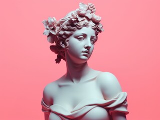 Ancient Greek Sculpture of a female goddess with pink pastel background. Antique Statue of a Woman in profile. Modern trendy y2k style. - obrazy, fototapety, plakaty