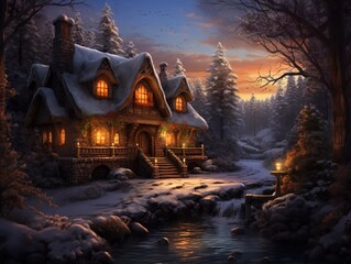 Fototapeta na wymiar A warm cottage on a winter evening, AI generator