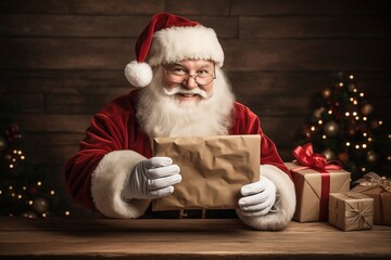 Santa Claus joyfully holding beautifully wrapped Christmas gifts while surrounded by a magical holiday atmosphere, celebrating the festive season
