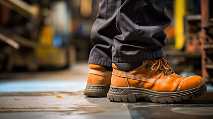 Close-up safety working shoe on a worker feet is standing at the factory, ready for working in danger workplace concept. Industrial working scene and safety equipment.