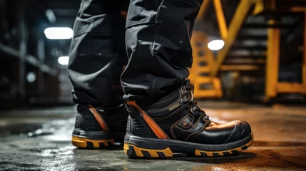 Fotobehang Close-up safety working shoe on a worker feet is standing at the factory, ready for working in danger workplace concept. Industrial working scene and safety equipment. © PaulShlykov