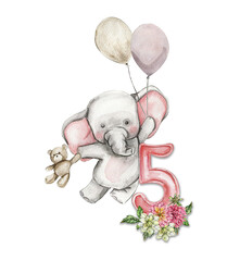 Watercolor hand drawn small baby elephant with dahlia flowers and numbers composition. African baby animal for baby shower party design, birthday, cake, kids room decorations, poster, fabric.