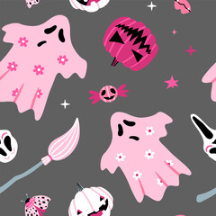 Pattern with pink ghostsHalloween seamless pattern with pink ghosts, pumpkins, broom, stars, fangs, spirits. Vector illustration background for halloween.