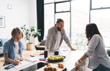 Content man looking at woman with toothy smile