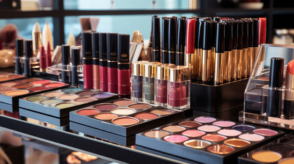 Close-Up Display of Makeup Cosmetics in Store