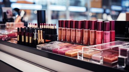 Close-Up Display of Makeup Cosmetics in Store - obrazy, fototapety, plakaty