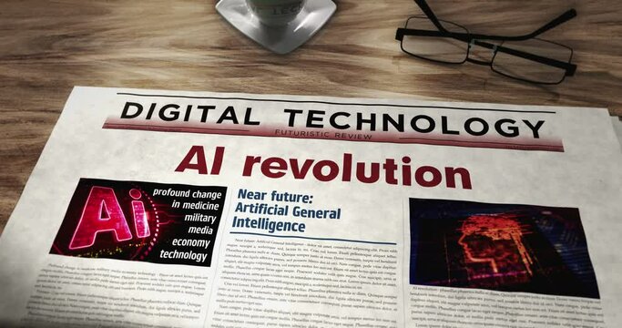 AI revolution artificial intelligence technology innovation daily newspaper on table. Headlines news abstract concept 3d. 