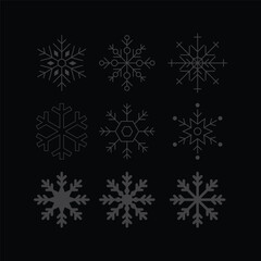 Set of gray snowflakes on black background. Flat. Vector