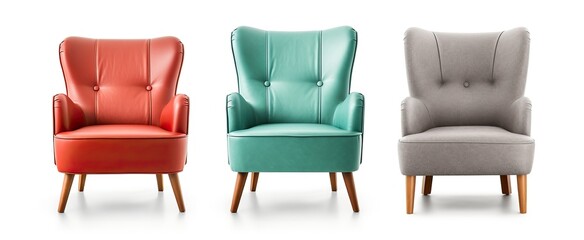 Set of Classic three armchair and three color art deco style in turquoise velvet with wood legs isolated on white background