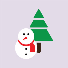White snowman and Christmas tree on purple. Winter theme. Flat. Vector illustration