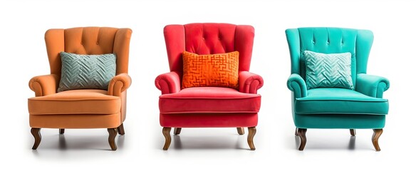 Set of Classic three armchair and three color art deco style in turquoise velvet with wood legs isolated on white background