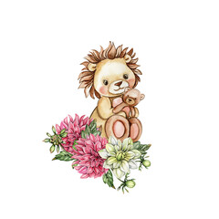 Watercolor hand drawn cute small baby lion with dahlia flowers composition. African baby animal for baby shower party design, birthday, cake, kids room decorations, invitations, poster, fabric.