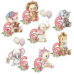 Watercolor hand drawn small baby animals with dahlia flowers and numbers composition. African baby animal for baby shower party design, birthday, cake, kids room decorations, poster, cards, fabric.